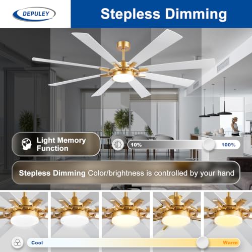 Image of Depuley 72-Inch Ceiling Fan with Light: Modern 8-Blade White and Gold Indoor Outdoor Fans with Remote Control Dimmable Light - Ultra Quiet DC Motor Reversible 6 Speed Timer