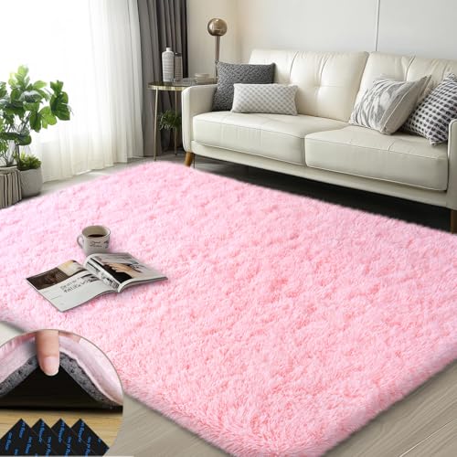 Pink Rugs for Bedroom, 3x5 Feet Fluffy Area Rugs for Living Room, Soft Shag Kids Rug Small Carpet with 4 Non-Slip Rug Pads (3ft x 5ft, Pink)
