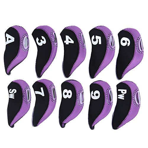 Chazcool Number Print Golf Iron Club Head Covers,10Pcs Neoprene Head Cover, Number Golf Club Irons Covers, Black Purple