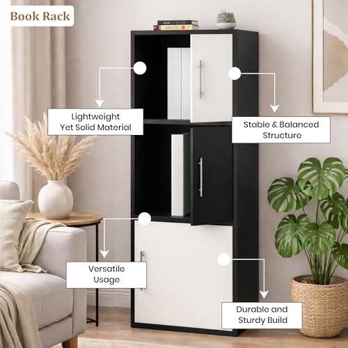 Image of Callas Wooden Book Rack | Multi-Compartment Storage Cabinet | Space-Saving Vertical Bookshelf with Doors | Durable & Sturdy Organizer for Home & Office (Black, 3 Tier)