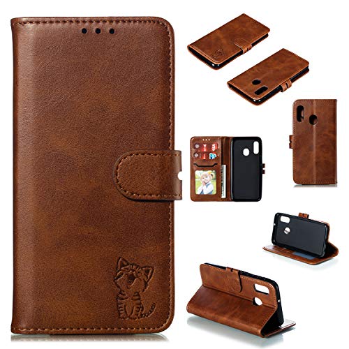 Robinsoni Case Compatible with Samsung Galaxy A20e Retro Leather Wallet Cover with Card Holder Slots Cat Printed Folio Flip Book Cover TPU Silicone Inner Case Kickstand Magnetic Closure Case, Brown