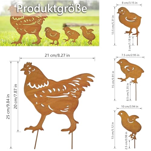 Ulawellor Hühner Gartenstecker 4er Gartendeko Roststecker Ostern Rost Deko Wetterfest Metall Huhn Deko Bauernhof Frühling Gartenschmuck für Garten Terrasse Balkon Blumentopf