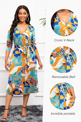 Runwind Women's Midi Dress,3/4 Sleeves V Neck Cocktail Party Dress Curvy Wrap Sexy Geometric Pattern Dresses with Belt4