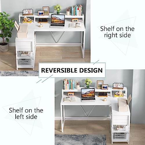 Image of Tribesigns 55-inches Reversible L Shaped Desk with Drawer, Modern White L Corner Desk Home Office Table with Storage Shelves and Monitor Stand, Wooden and Metal PC Desk for Small Space