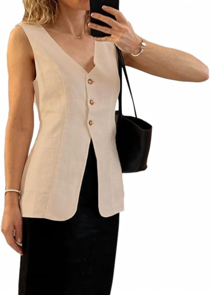 Melliflo Womens Summer Long Linen Vest Casual Sleeveless V Neck Button Down Tops Casual Summer Vest with Pocket