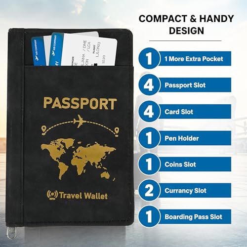 Image of Storite RFID Blocking PU Leather Travel Passport Holder, Black | Cover Case, Travel Wallet, Document Organiser, Removable Hand Strap, For Men & Women