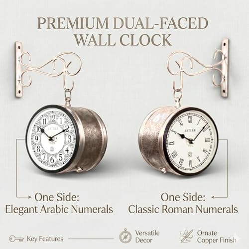 Image of Handcrafted Double Side Metal Analog Vintage Wall Clock | 1.5 Year Machine Warranty | 6 INCHES | 1 Side Number 1 Side Roman,Color Golden