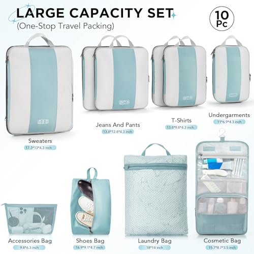 Image of OlarHike 10 Set Compression Packing Cubes for Travel Essentials,Compressible Expandable Space Saver Bags for Organizing Clothes,Luggage Suitcase Garment Bags with Over 1000 pcs Mesh Holes(Blue Gray)