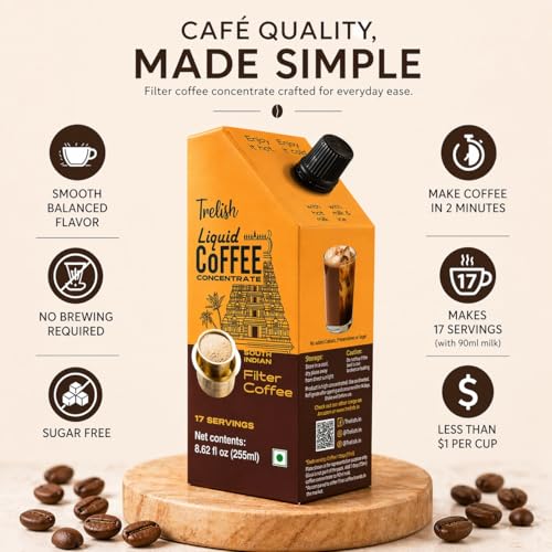 Image of Trelish Coffee Concentrate - South Indian Filter, 255ml Pouch -17 servings| Coffee decoction| Perfect for authentic South Indian filter coffee,coffee decoction,Sugar Free, No Refrigeration, Travel Friendly