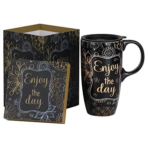DUSVALLY Ceramic Mug Tall Coffee Cup with Lid, Handle and Gift Box Latte Mug 17oz,Enjoy The Day Cover