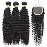 12A Deep Wave Bundles with Closure (14 16 18+12') 100% Unprocessed Virgin Brazilian Pineapple Deep Wave Human Hair Bundles with Closure Natural Color