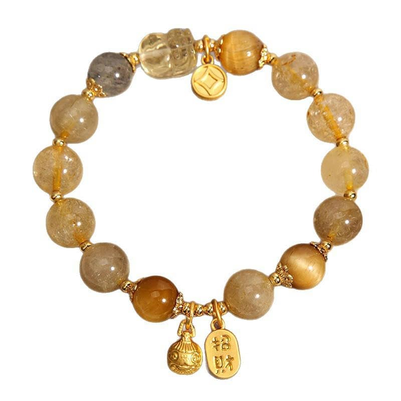 Pulseras Cristal Mujer Elasticos Pulsera De Cuarzo Rutilado Dorado Natural De 8mm Con Piedra Lunar Para Mujer Regalo Para Novia Mejor Amiga