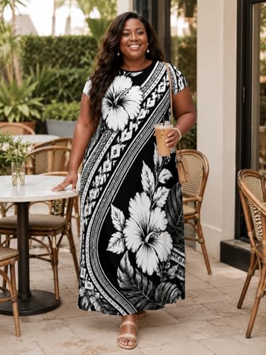 Image of Plus Size Maxi Dress for Women Short Sleeve V Neck Casual Loose Sundress with Pockets