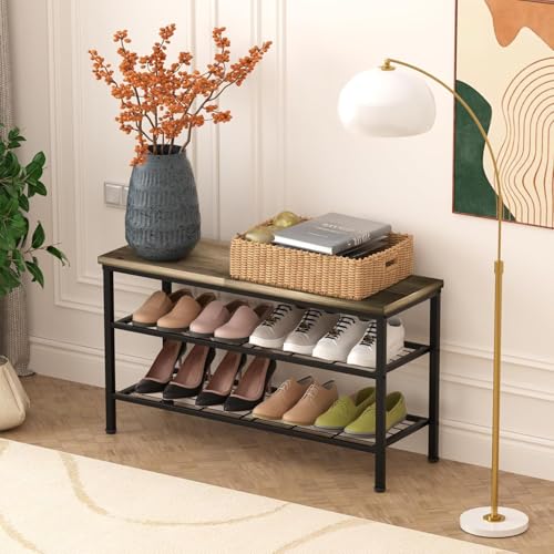 Image of 3-Tier Metal Shoe Rack with Wood Top - Durable & Space-Saving Shoe Organizer,Industrial Shoe Organizer Shelf Bench Storagefor Closet Entryway, Bedroom & Hallway