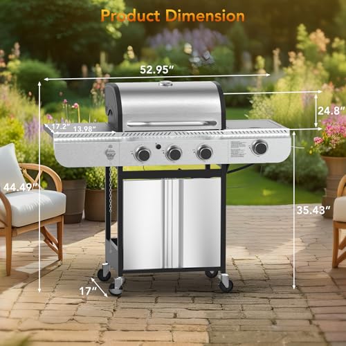 Electactic 3-Burner Propane Gas BBQ Grill with Side Burner,Stainless Steel Grill with Porcelain-Enameled Grates,34000 BTU Barbecue Grill, Suitable for Outdoor Cooking,Camping,Patio Backyard - Image 6