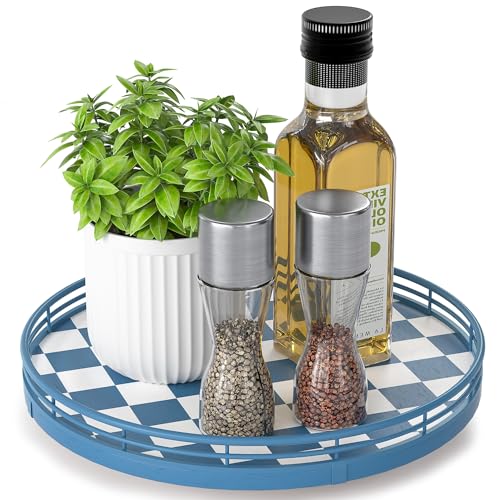Image of Premium Rubber Wood Lazy Susan Turntable, Blue White Checkerboard Decorative Serving Tray, Hand-Welded Metal Railing, Stable Rotating Organizer for Dining Table, Kitchen Counter, Coffee Table Decor