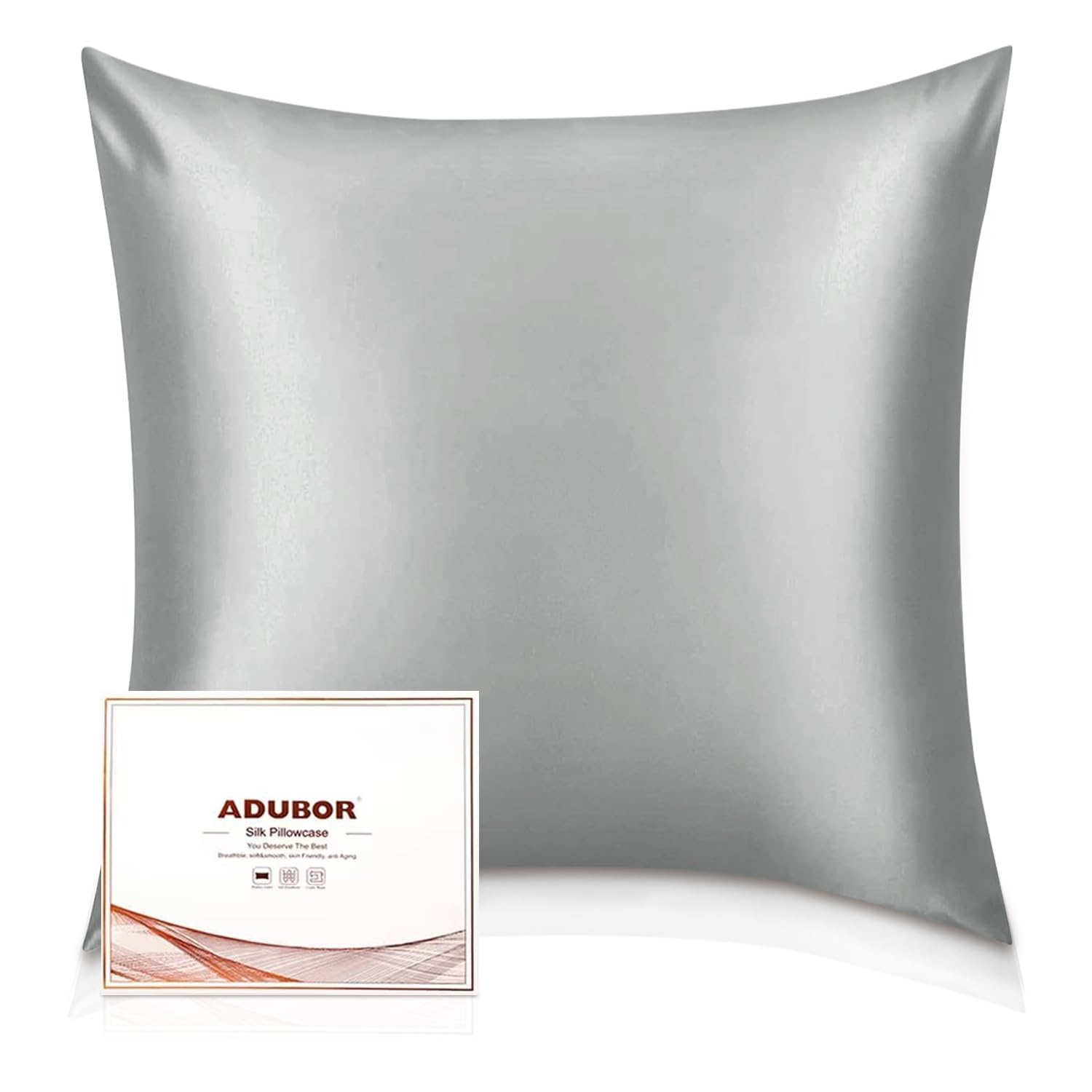 Adubor 100% Seidenkissenbezug 80x80cm für Haar und Haut, mit verstecktem Reißverschluss, beide Seiten, 23 Momme Seide, Fadenzahl 900 (Dunkelgrau, 1 Stück)