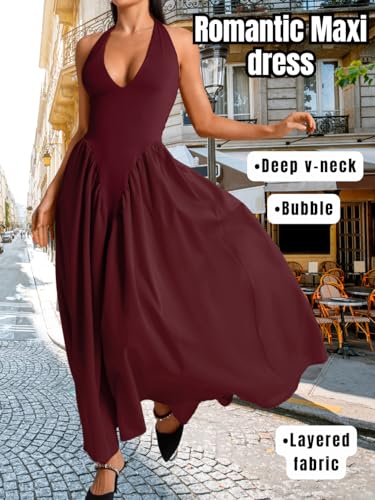 Image of ChiaoLezhee Deep V Neck Dress, Halter Maxi Dresses, Vacation Date Night, Sexy for Women Corset Flowy Wedding Guest Drop Waist