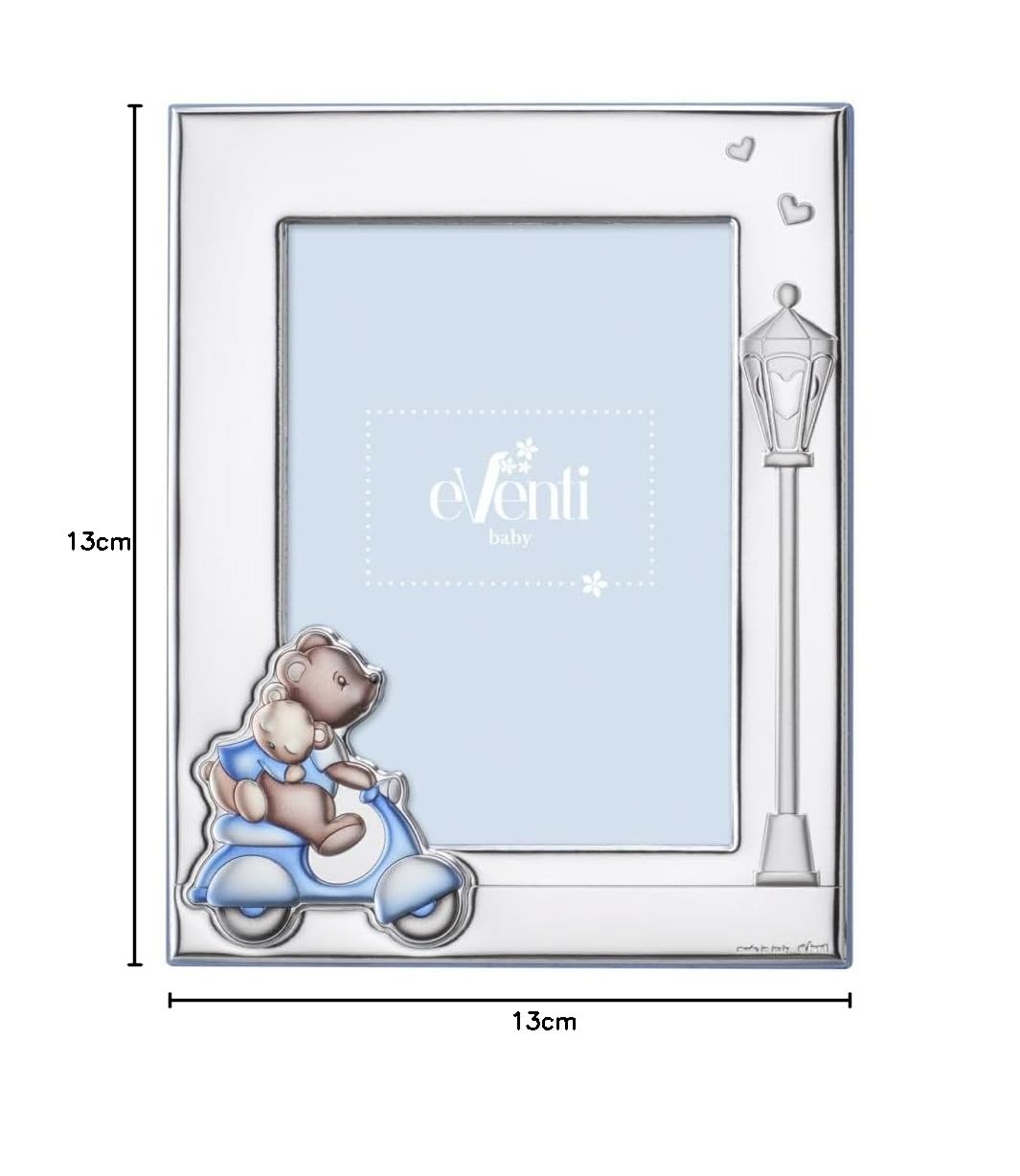 Generico Eventi Baby Bilderrahmen aus Silber mit Teddybär auf Vespa, 9 x 13 cm, Dekoration Laterne und Herzen