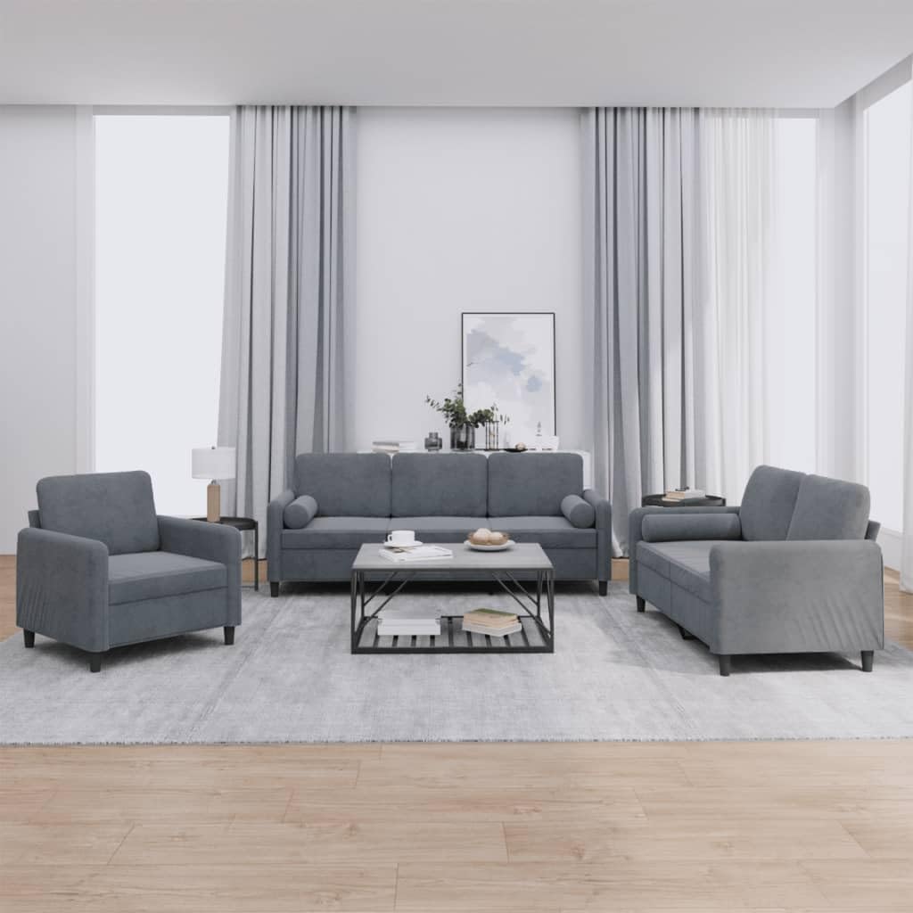 Juego de 3 sofás de terciopelo gris oscuro, 78 x 77 x 80 cm, pequeño, moderno, con acolchado de espuma, resistente, para salón, dormitorio y oficina