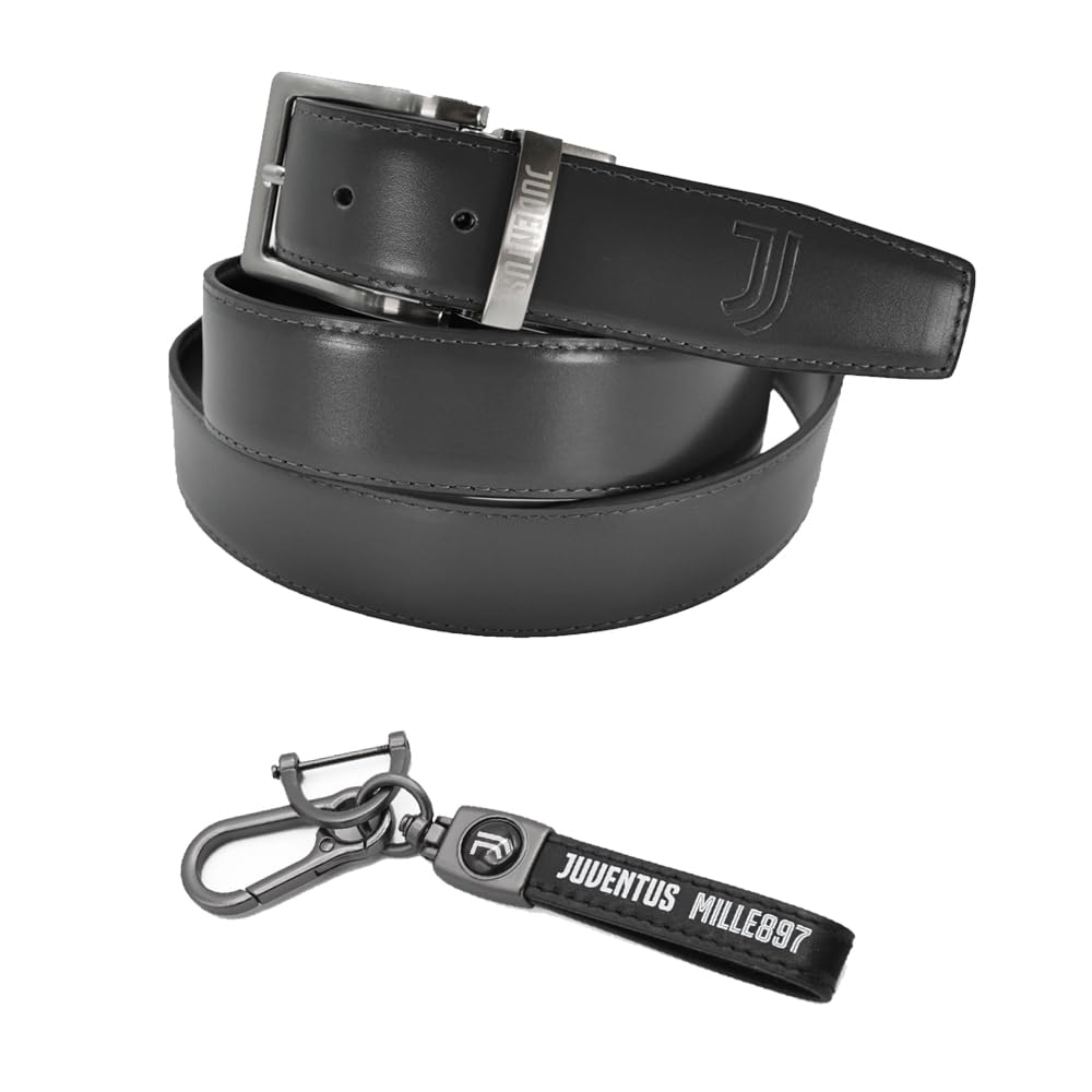 JUVENTUS Premium Black Leather Belt and Official Logo Keyring Gift Set Elegant Gift Box