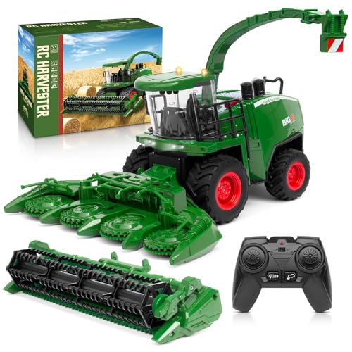 Uarzt Remote Control Combine Harvester Tractor Toy, 1/24 Scale RC Harvester Toys for Kids with 2 Grian Heads/2 Rechargeable Batteries/Light, Farm Toys for 4 5 6 7 8 9 Year Old Boys Birthday Gift