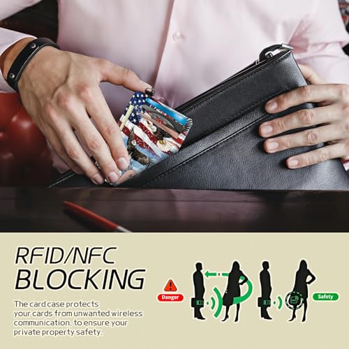 Image of Small Travel Wallets, Eagle Iceberg American Flag Slim Minimalist Front Pocket Wallet with Wristlet, RFID Blocking PU Leather Credit Card Holder with ID Window Change Purse for Men Women