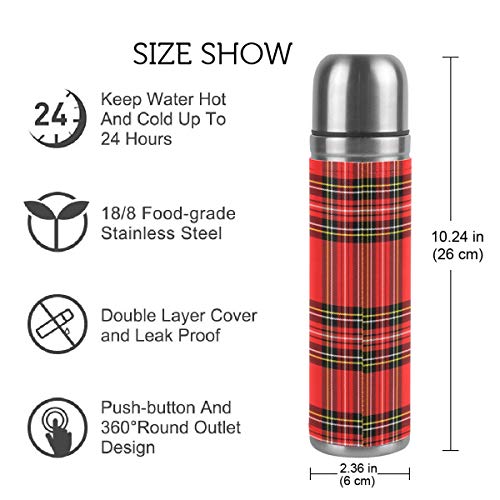Pfrewn VP-001 Christmas New Year Tartan Plaid Vacuum Thermos Insulated Water Bottle Stainless Steel Double Wall Flask Bottles Sports Coffee Travel Mug Cup Genuine Leather Cover Bpa Free 17 Oz thumb #1