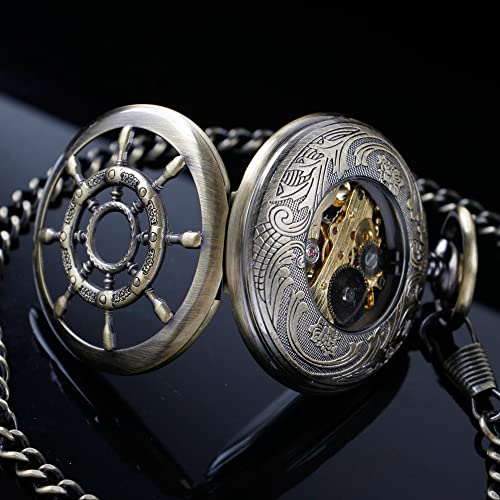 Image of Men's Mechanical Hollow Design Hand Wind Pocket Watch Roman Numerals Steampunk with Chain Box