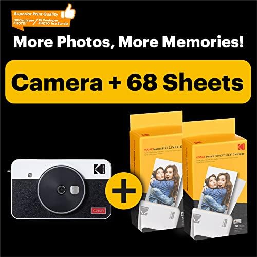 KODAK Mini Shot 2 Retro 4PASS 2-in-1 Instant Camera and Photo Printer (2.1x3.4") + 68 Sheets Gift Bundle, White