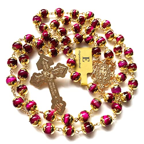 elegantmedical HANDMADE Tiger Eye Prayer Beads Catholic Rosary Necklace Gift Box Italy Crucifix Gold4