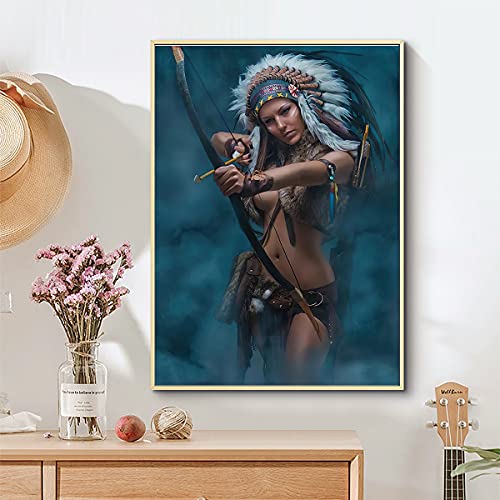 Native American Canvas Wall Art - American Indian Girl Women Headdress Feathered Art Canvas Prints For Wall Decor, Living Room Bedroom Kitchen Decoration (12X16In(30X40Cm)-Unframed) #TOP5