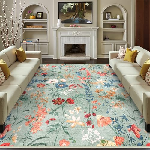 Grün Waschbarer Teppich Blumenmuster 240x300cm Blumen Boho Neutral Modern Rugs for Living Room Weich rutschfest Groß Tepich Kurzflor Schlafzimmer Carpet Esszimmer Bedroom Teppiche Büro Grün