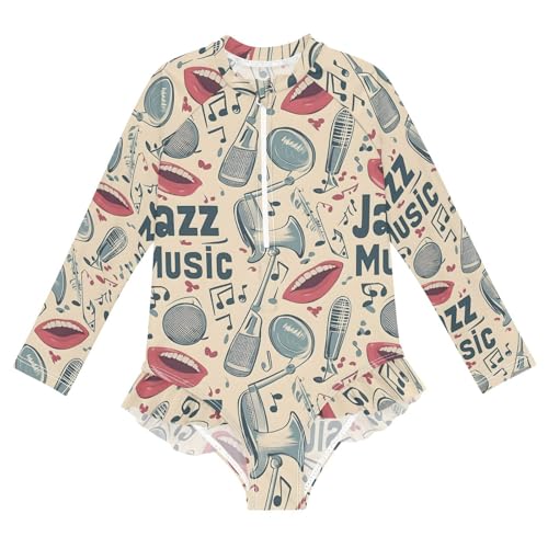 Retro Vintage Jazz Music Girls Long Sleeve Swimsuit UPF 50+ Rashguard Swimwear One Piece Bathing Suit 21221041