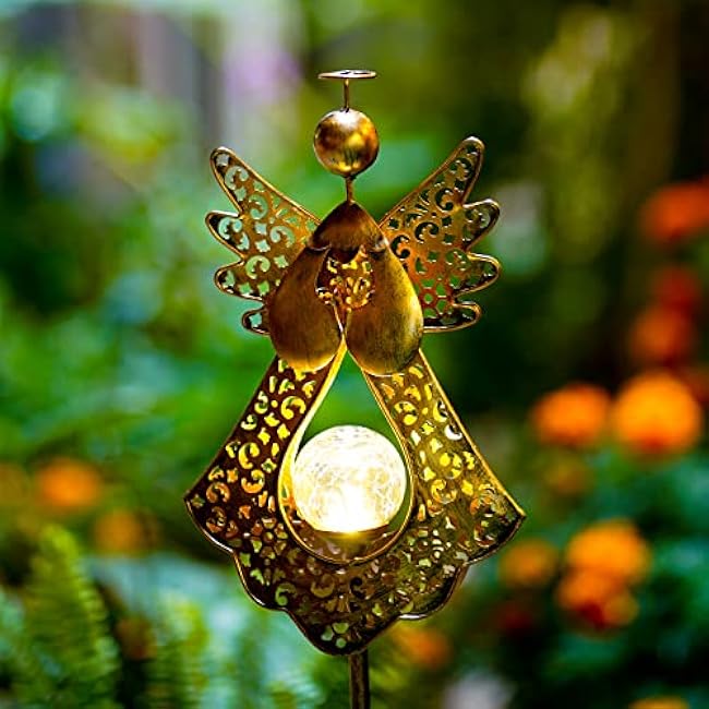 Starryfill Angel Stake Solar Lights with Crackle Glass Globe Waterproof Warm White LED, 40.5 inches Height Metal Bronze Stake Garden Patio Art Decor, Memorial Gift for Mom Women or Friends