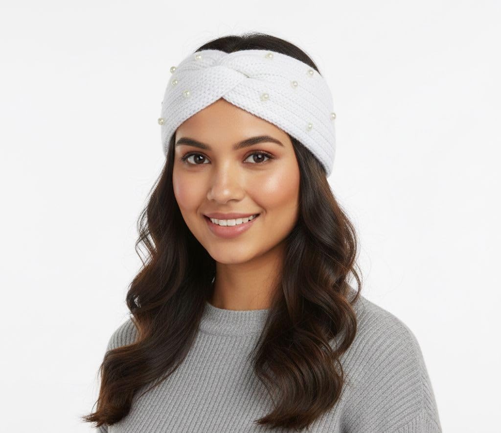 Knitted Headband Winter Ear Warmer - Elastic Knit Ear Warmers with Pearls Winter Hair Band for Women Head Wraps White-image-42