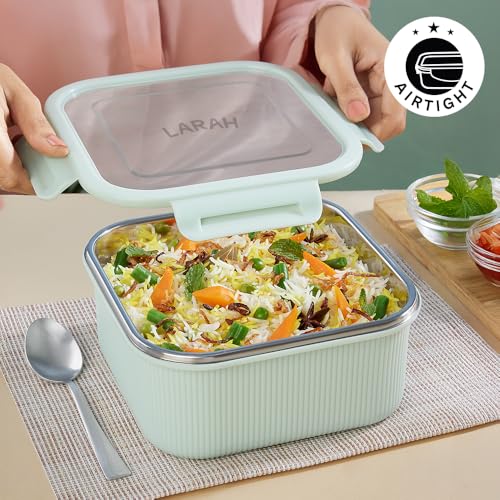 Image of Larah by BOROSIL Freshbyte Food Storage Container with Airtight Stainless Steel Lid | Fridge Container for Lunchbox | Food Grade | Microwave Safe (Green, 1600 ml, Square)