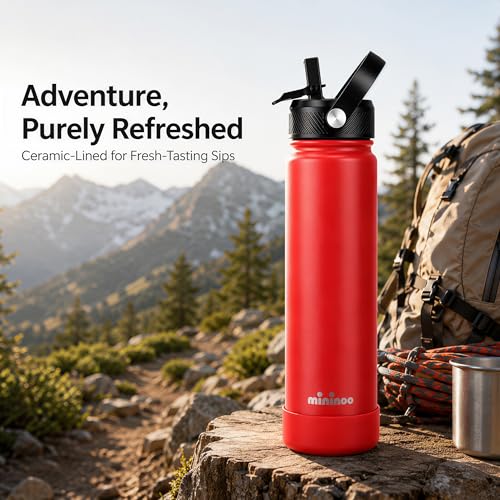 Image of Mininoo 24 oz Insulated Ceramic-Lined Water Bottle with Straw, Red