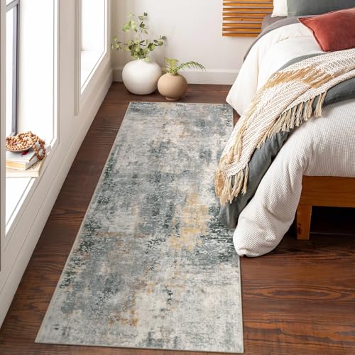 Lahome Modern Abstract Runner Rug - 2x7 Gray Soft Long Hallway Rug Runner Kitchen Mat, Non-Slip Machine Washable Indoor Throw Carpet Runner for Living Room Bathroom Sink Bedroom Entryway Sunroom