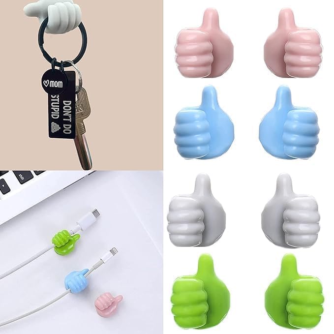 Image of Self Adhesive Thumb Wall Hooks for Hanging, Cable Clips, No Punching Key Hook Holder, Wall Hangers Silicone Hooks Desk Wire Management, Random Color, Pack of 10 (Big Size), Multicolour