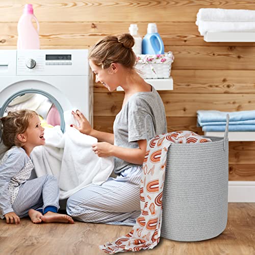 Image of XUANGUO Cotton Rope Laundry Basket Hamper for Clothes Large Light Grey | Baby Nursery Hamper Bin and Woven Storage Basket for Living Room Bedroom Boho Tall Rope Baskets Blankets Toys Pillows Towels