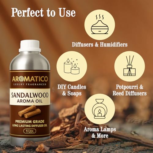 Image of AROMATICO Sandalwood Diffuser Oil with Strong, Long-Lasting Aroma. Woody, Spiritual Aroma Oil for Homes, Offices & Showrooms. Aromatherapy, Diffusers, Air Purifiers, Vaporizers - 1 Litre (1000 ml)
