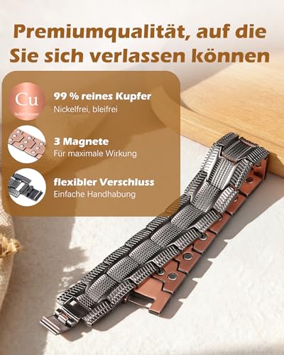 Jeracol Jeracol Kupferarmband Herren, 3row Ultrastarke Magnete 99,99% massives kupfer armband männer verstellbare Größe und Schmuck-Geschenkbox - Detailansicht 2 | Schmuck
