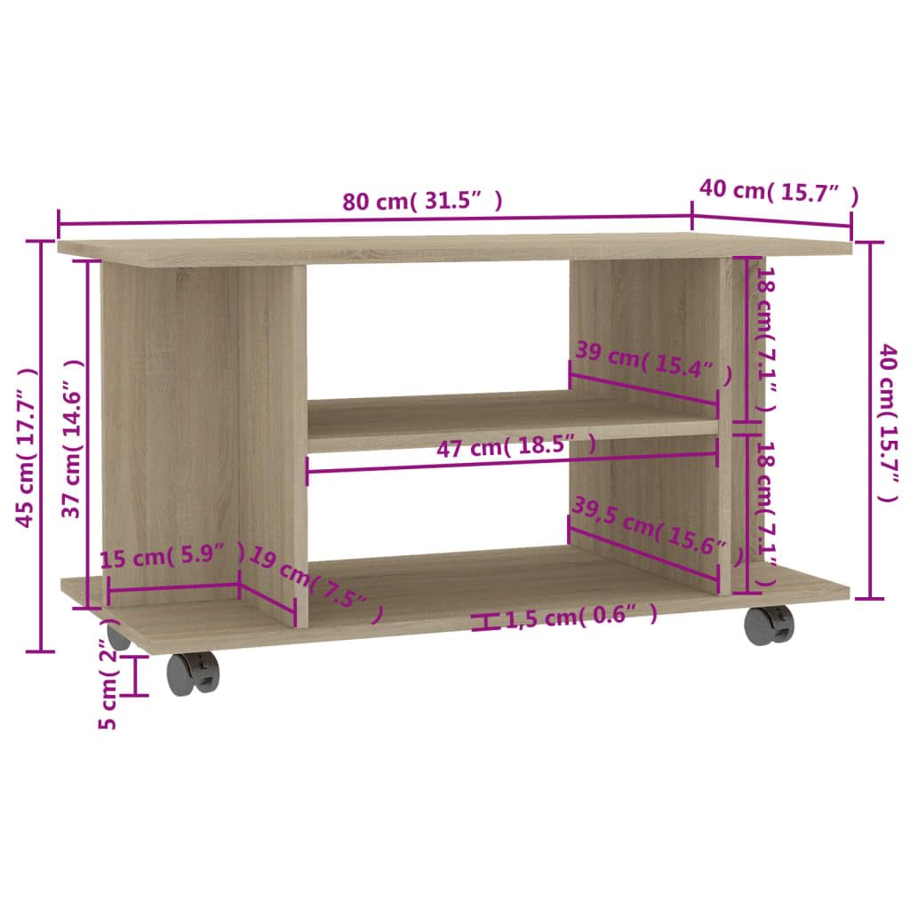 vidaXL Mobile TV con Ruote e Scomparti Aperti Robusto Elegante Armadietto Basso Multimediale Credenza Rovere Sonoma 80x40x45 cm in Truciolato