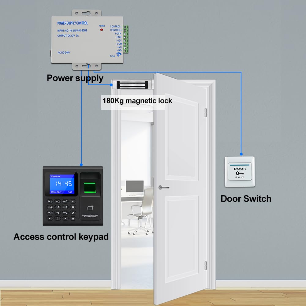 Sistemas de seguridad con máquina de asistencia de tiempo de huellas dactilares para empresa con interruptor de puerta, fuente de alimentación, 10 llaveros de identificación de 125 KHz