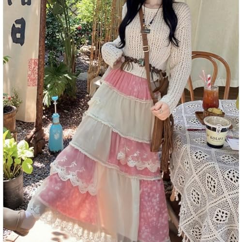 Y2k Retro College Style midi Skirt with Summer high Waist and Slimming Effect Patchwork lace Skirt2