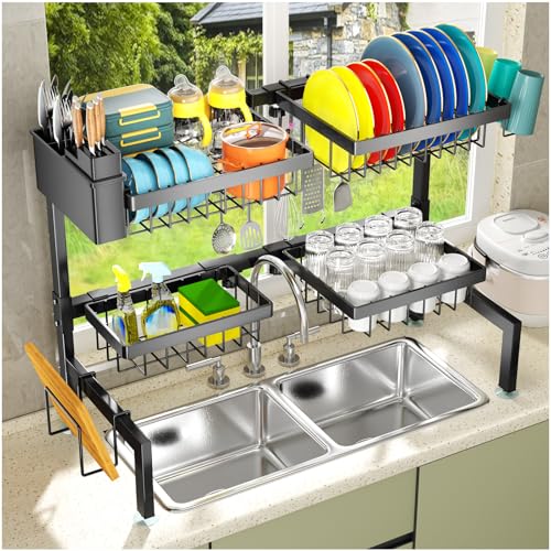 YKLSLH 4 Baskets Over The Sink Dish Drying Rack, Extendable Large Capacity Sink Rack, Metal Drying Rack Saving Space,for Most Sinks (26.57'-35')