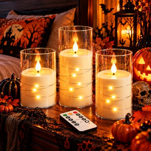 Da by 3 Stück Elfenbein LED Kerzen mit Feenlichtkette, Realistische Flackerflamme, Fernbedienung… – Ansicht 6