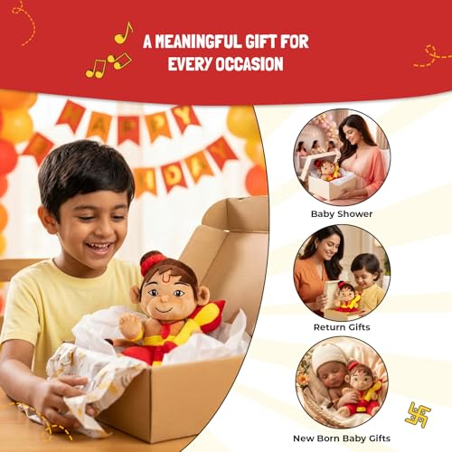 Image of Panda's Box Mantra Chanting Baby Hanuman | As Seen on Shark Tank | Musical Soft Plush Toy | Non-Toxic, Safe| Best Birthday Gift for Newborn Kids (Boys, Girls) | Free Colouring Book | Medium 28 CM