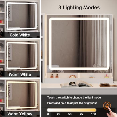 Image of Haewon White Vanity Desk with Mirror and Lights, Makeup Vanity with Charging Station and 3 Lighting Modes, Dressing Table Set with Storage Cabinet, Drawers and Chair for Girls Bedroom